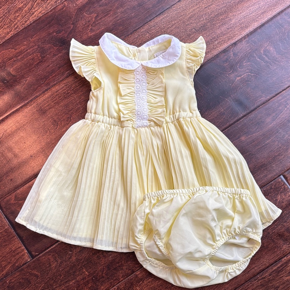 Janie and Jack Pale Yellow Pleated Dress with Bloomers